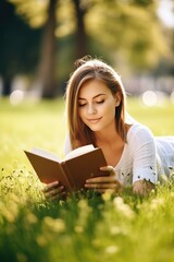 shot of a young woman relaxing on the grass with a book in the park