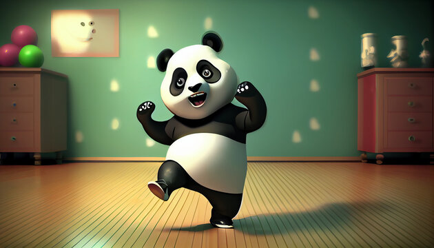 Cool cheerful cartoon style panda dancing in the room, 3d panda bear, Ai generated image 