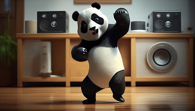 Cool cheerful cartoon style panda dancing in the room, 3d panda bear, Ai generated image 