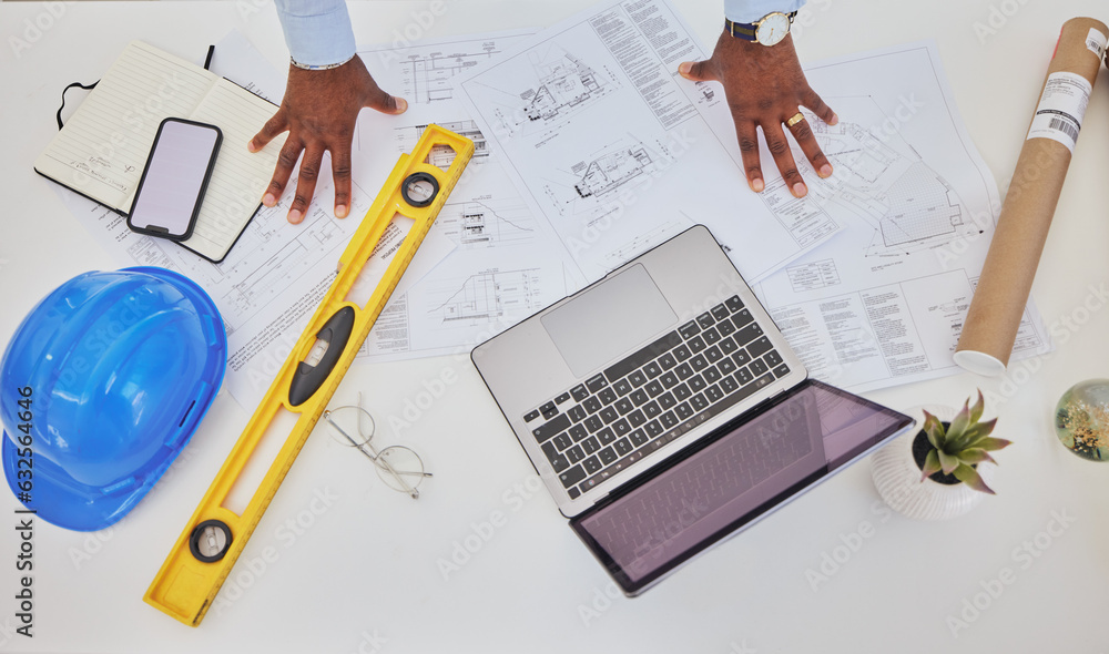 Poster engineering, laptop or top view of hands in office for architecture, research or building design. te