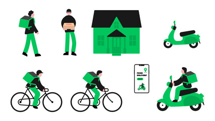 Food delivery characters illustration, food delivery driver, food delivery service. Food delivery driver on moped.