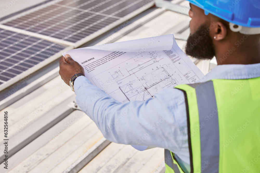 Poster man, blueprint or engineer on rooftop or construction site for maintenance or architecture outdoor. 