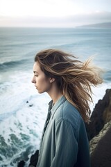 shot of a young woman looking down into the ocean