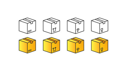 Sealed box. Different styles, the package is sealed, the package is sent, the box is sealed with tape. Vector icons