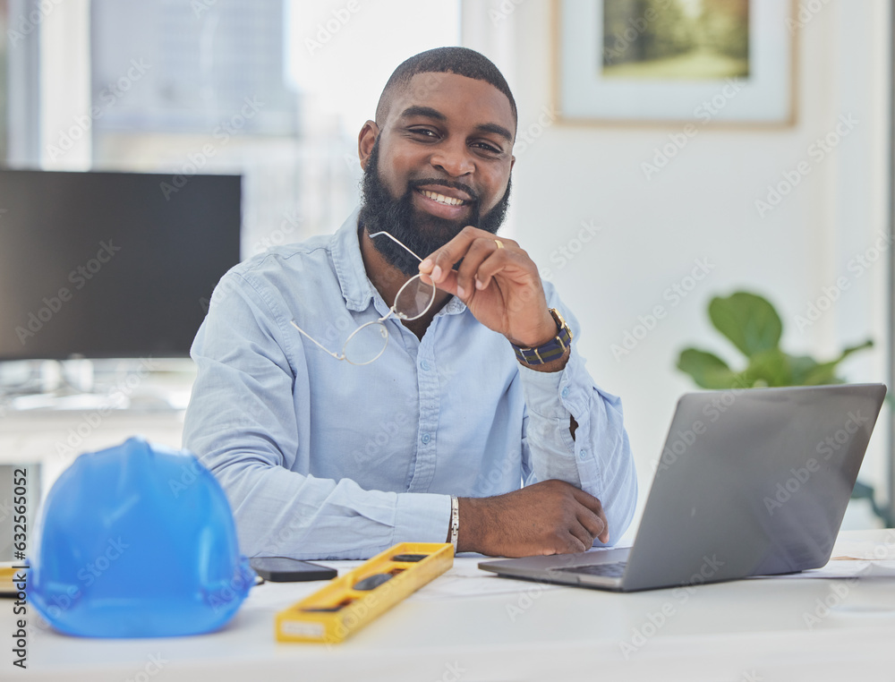 Poster engineering, laptop or portrait of black man in office for architecture, research or building design