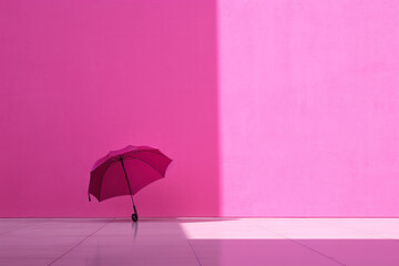 Umbrella in the shade. Post minimalist composition with bold colors, sunlight in shades of magenta. Generative AI.