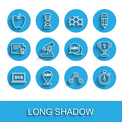 Set line Chalkboard, Alphabet, Apple, Molecule, Stopwatch, Microscope, Award cup and icon. Vector