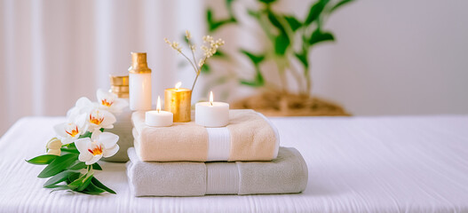 Obraz na płótnie Canvas Spa setting with stack of towels, candles, and vase of flowers. A peaceful and relaxing scene with a touch of luxury and elegance. Suitable for spa, wellness, or beauty themes.