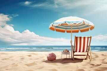 Fototapeta na wymiar Summer banner, sand, beach umbrella and chair on cloud sky and sand beach