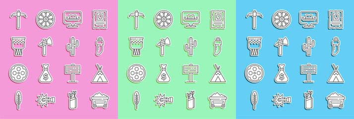 Set line Coal mine trolley, Indian teepee or wigwam, Tooth, Location cowboy, Tomahawk axe, Drum, Pickaxe and Cactus icon. Vector