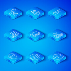 Set line Alien, Mars rover, Planet, Falling star, Telescope and Asteroid icon. Vector