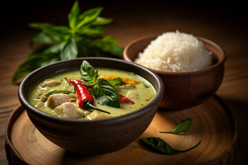 A bowl of white rice and green curry Thailand food