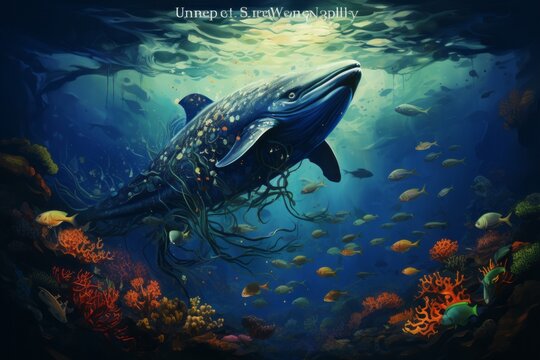 Symphony of deep water with whale. Beautiful illustration picture. Generative AI