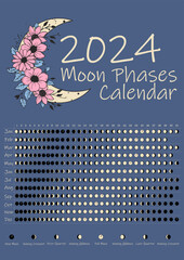 Beautiful 2024 Moon Phases Calendar. Northern Hemisphere lunar calendar design template.  Astrological, astronomical moonlight activity scheduler.  Month cycle planner mockup. Magical colors vector.