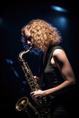 Obraz na płótnie Canvas shot of a young woman playing the saxophone on stage