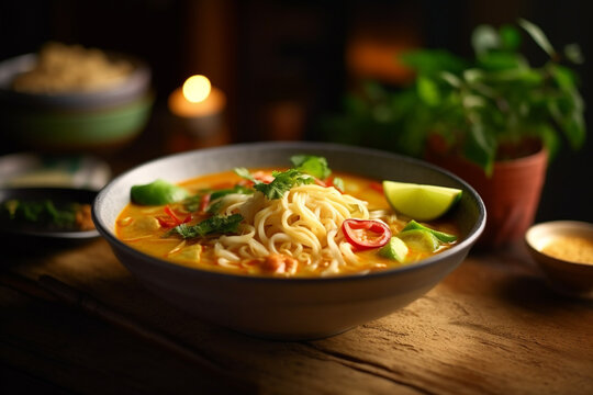 Khao soi creamy coconut curry noodle soup on a Thailand food