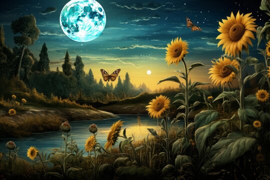 Moon and sunflowers view. Beautiful illustration picture. Generative AI
