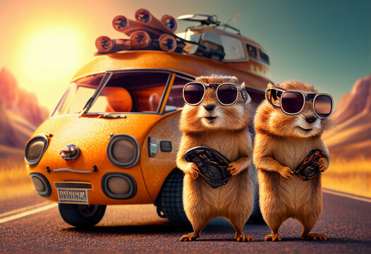Funny gophers wearing a jacket and sunglasses near a car in the driveway. AI Generated