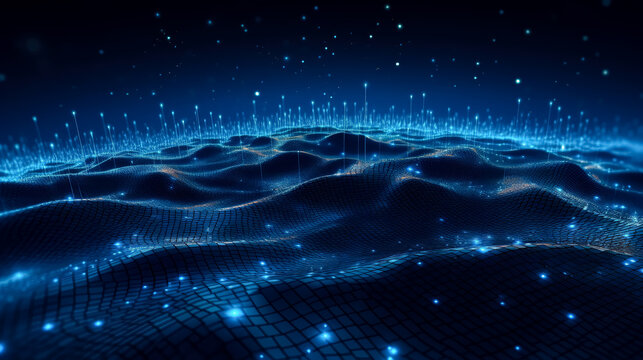 Blue background of complex geometrical lines and dots, in the style of nightscape, data visualization. © Saulo Collado