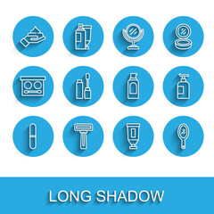 Set line Nail file, Shaving razor, Cream lotion cosmetic tube, Hand mirror, Mascara brush, and Spray can for hairspray icon. Vector