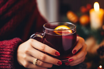 Hands holding a mug of hot mulled wine close-up