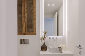 Aesthetic wabi sabi bathroom interior design in brown and off white shades with solid oak and...