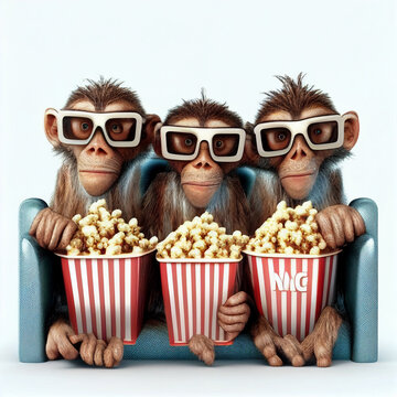 Monkeys in 3D glasses sit on a sofa with large glasses of popcorn on a white background. AI Generated