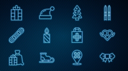 Set line Bow tie, Pretzel, Christmas tree, Burning candle, Snowboard, Gift box, shopping bag and Santa Claus hat icon. Vector