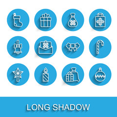 Set line Christmas star, Burning candle, stocking, Santa Claus bag gift, ball, postcard, candy cane and Bow tie icon. Vector