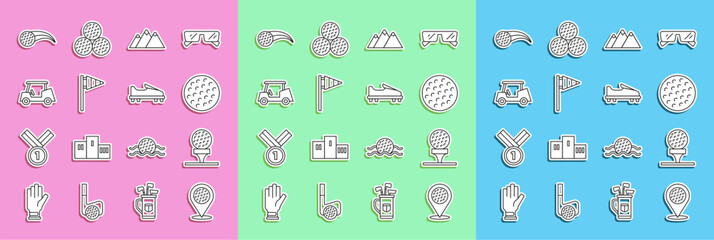 Set line Location golf sport club, Golf ball tee, Mountains, flag, car, and shoe icon. Vector