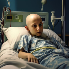 Little boy in a hospital bed, sick with Cancer. Bald head as a result of chemotherapy treatment. Shallow field of view. - obrazy, fototapety, plakaty