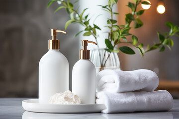 Fototapeta na wymiar Soap dispenser and spa towels, shampoo and rinse bathing set bottles in modern bathroom home decor. Health concept.