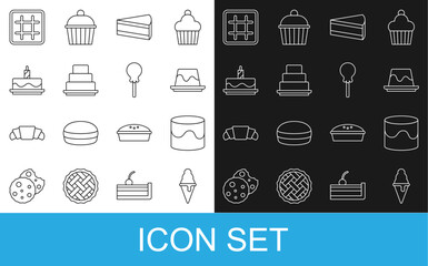 Set line Ice cream in waffle cone, Cake, Pudding custard, Piece of cake, with burning candles, Waffle and Lollipop icon. Vector