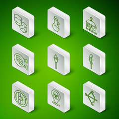 Set line Medieval bow with arrow, Greek helmet, Comedy and tragedy masks, Torch flame, Bottle of olive oil, shield and Feather pen icon. Vector