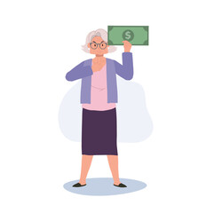 Wealth and Success Concept. Elderly Woman with Big Money Note Showing Prosperity and Financial Confidence.  Elderly Woman Illustration with Dollar Banknote