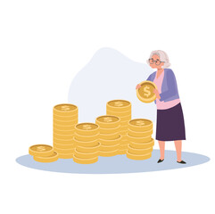 Finance and Investment Concept. Elderly Woman Creating a Coin Stack for Savings and Retirement