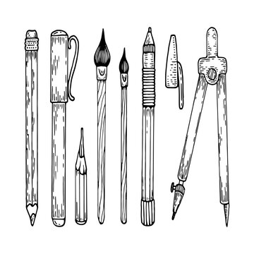 Set pens, pencils, brushes, compasses sketch. Stationery line art. Hand drawn doodle vector illustration.
