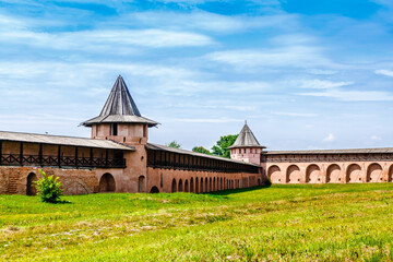 Suzdal, Vladimir Oblast, Russia - 5 July 2023: Defensive towers and walls in Spaso-Evfimiev (Saint Euthymius) Monastery in Suzdal.