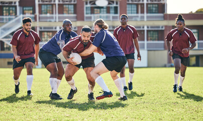 Rugby, fitness and tackle with a team on a field together for a game or match in preparation of a...