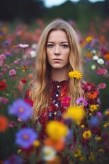 portrait of a young woman standing outdoors in a field of colorful flowers