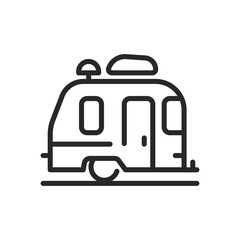 Fototapeta premium Camper Adventure Icon. Vector Outline Editable Sign of Travel Trailer for Camping and Road Trips. Linear Minimal Illustration.