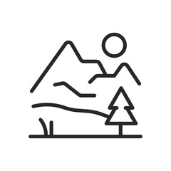 Mountain Range Icon. Vector Outline Editable Sign of Majestic Mountain Landscape with Sunny Scenery. Linear Minimal Illustration.