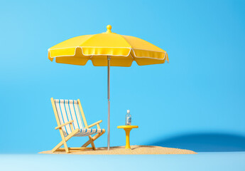Beach chair and umbrella on a blue background, design concept, minimalist backgrounds detailed Beach miniatures objects. 