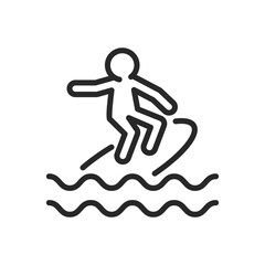 Surfing Icon. Vector Outline Editable Silhouette Sign of a Surfer Riding a Wave. Adventure and Fun in the Ocean Surf. Linear Minimal Illustration.