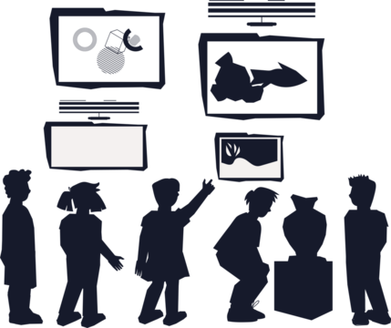 Kids in art museum black outline silhouettes. Black contourts of children with guide in art gallery.
