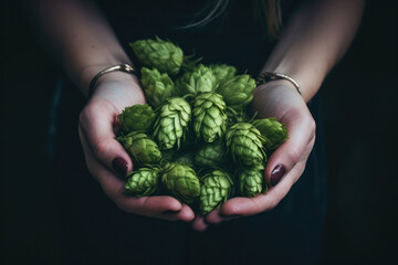 Naklejka na ściany i meble Hands of a girl holding a handful of green hop cones.