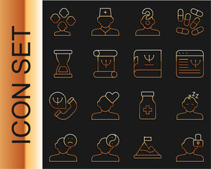 Set line Closed personality, Dreams, Online psychological counseling, Human with question mark, Psychology book, Old hourglass, Schizophrenia and icon. Vector