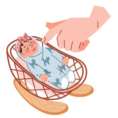 Babysitting service and daycare nanny logo element, flat cartoon vector illustration isolated on background. Hand shakes the cradle with the sleeping child.
