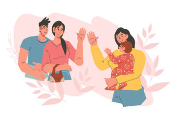 Nanny holds the baby and says goodbye to the parents, flat cartoon vector illustration isolated on background. Babysitter service concept. Kids daycare.