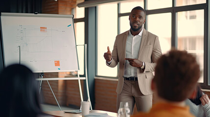 A Black people male business coach speaker in suit give flipchart presentation. Training. Generative Ai